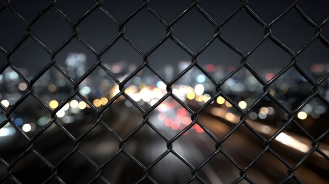 Cityscape through chain link fence at night