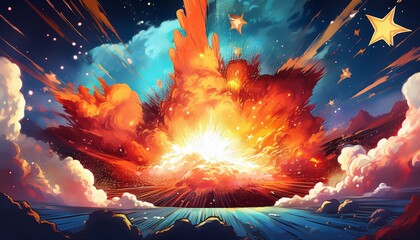 comic book style explosion with stars and clouds