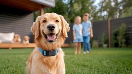 A joyful family of four enjoys playtime with a happy Golden Retriever in their lush backyard, creating cherished summer memories.