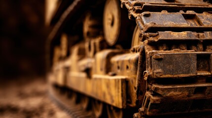 Close-up view of a muddy construction vehicle track, showcasing wear and dirt in an industrial setting