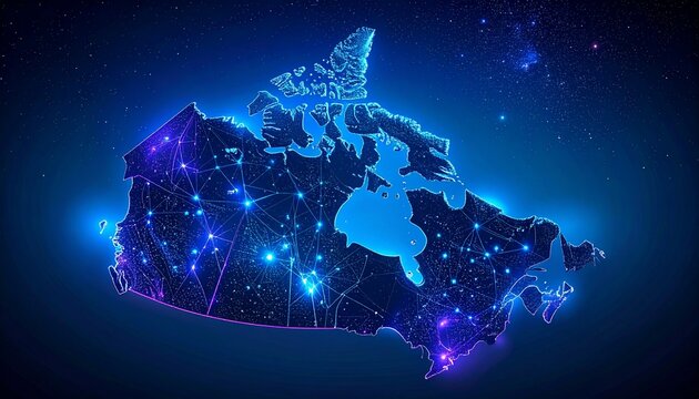 Abstract representation of Canada's digital network, showcasing futuristic technology, connectivity, and big data flow on a glowing map