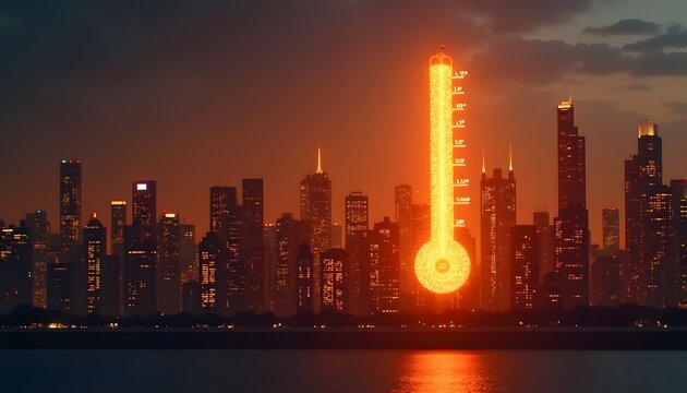 Giant Glowing Thermometer Rising in City Skyline
