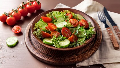fresh salad with tomatoes cucumbers and herbs on a wooden plate