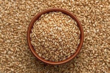 Organic brown rice grains in a bowl, overhead perspective