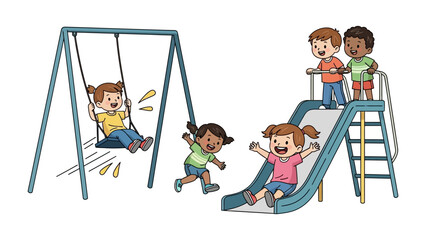 Joyful Playground: Playful children experience the thrill of a swing, slide, and play structures, representing joy and friendship in a bright, colorful scene.