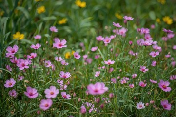 Obraz premium Bright magenta flowers cover the field surrounded by rich green leaves, representing the spirit of spring's rebirth. A peaceful outdoor view showcasing tender blooms and new growth.