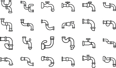 Collection of plumbing pipe and faucet line art icons vector