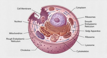Scientific illustration of a eukaryotic cell structure, a detailed cross-section model displaying the internal organelles of an animal cell