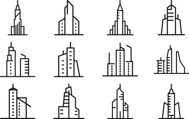 Twelve black line art icons of diverse skyscrapers on white building architecture