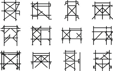 Twelve black line art icons of scaffolding structures on white background construction