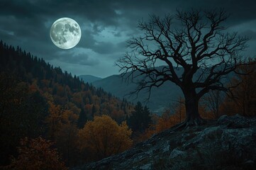 Eerie woodland scene featuring a spooky tree under a glowing full moon in an autumn landscape, perfect for holiday messages.