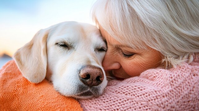 A joyful senior woman enjoying a sunny spring day outdoors with her dog, surrounded by blooming flowers in a serene park.
