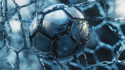 Frozen moment a metal soccer ball caught inside a chain link net close up view