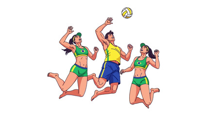 Beach Volleyball: A group of athletes, dressed in sportswear, leaps high to engage in a dynamic game of beach volleyball, under the sun.