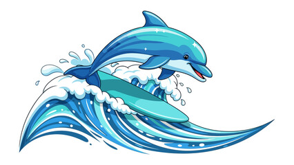 Dolphin Surfing the Wave: A vibrant and joyful illustration of a playful dolphin riding a cresting wave on a surfboard, against a background of white. A symbol of freedom, adventure.