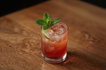 Refreshing Strawberry Mojito with Lime, Mint, and Ice on a Rustic Wooden Surface