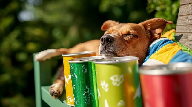 A peaceful dog lounging among colorful gardening cans on a sunny summer day, surrounded by lush greenery and blooming flowers.