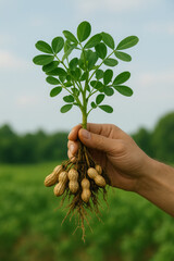 Hand holding freshly harvested peanut plant showcasing its roots with groundnuts and vibrant green leaves against a soft focus agricultural field under a clear sky