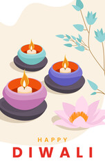 Happy Diwali Poster with Diya Lamp Vector Illustration. Indian festival of lights Design. Suitable for Greeting Card, Banner, Flyer, Template.