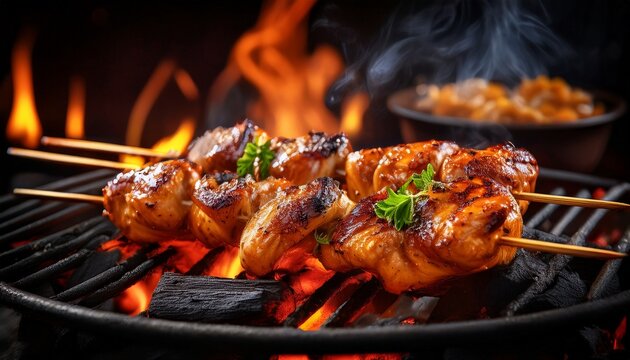 delicious chicken skewers grilling over hot charcoal for a tasty barbecue meal - Powered by Adobe