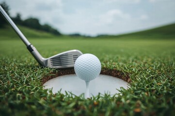 Extreme slow-motion capture of a golf ball dropping into the cup, close-up perspective from inside the hole.