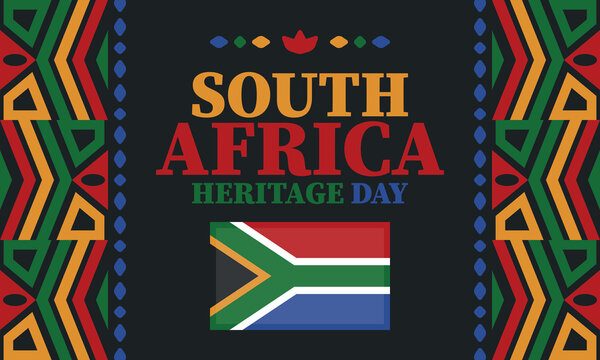 South Africa Heritage Day. Happy holiday. Celebrate culture and traditions of nation. South African flag. Poster with illustration. Pattern design. Vector