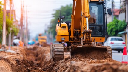 Fototapeta premium Excavator digging a trench on a busy street, with construction workers and vehicles in the background
