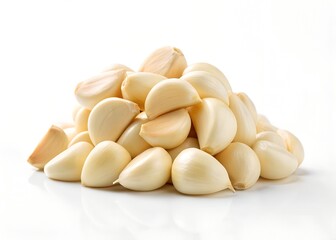 Pile of peeled garlic cloves on white background