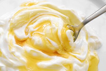 Greek yogurt pot with honey, Healthy and dietary food.