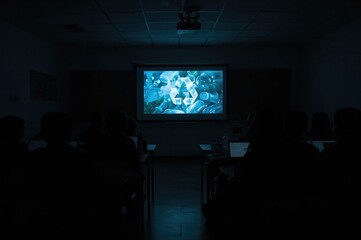 Students watching a video about recycling plastic bottles in a low-light classroom.