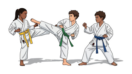 Karate Kid's Mastery: Illustrative depiction of children engaging in a Karate lesson, showcasing focus, discipline and coordination. © Karima