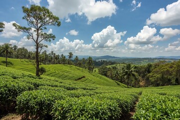Scenic Tea Fields on a Mountain Slope