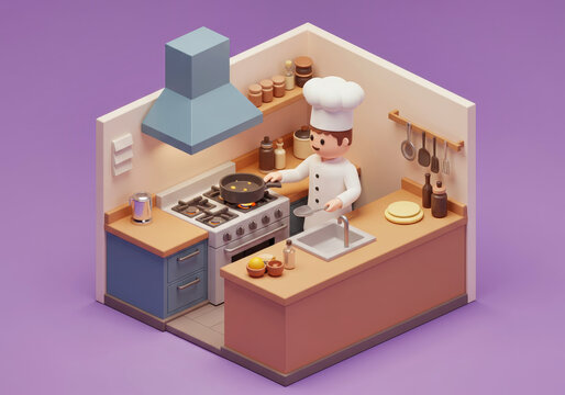 Isometric 3D low-poly illustration of a chef cooking in a stylized kitchen for a food blog concept