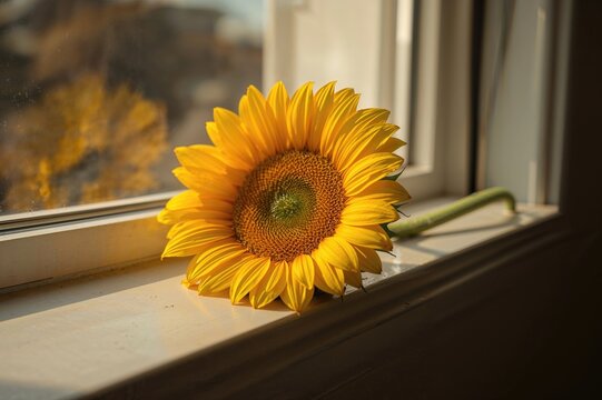 Sunflower by the window anticipating a visitor