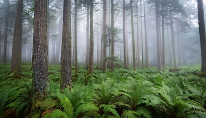 Fototapeta premium enchanted misty forest with tall pine trees and lush green ferns