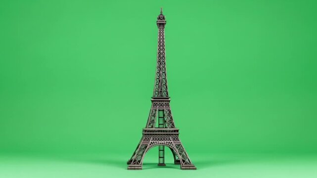 Miniature Eiffel Tower on bright green background, showcasing Parisian architecture and culture