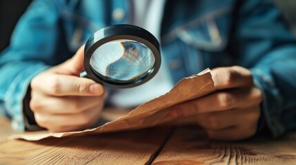 Individual analyzing text with a magnifying glass for enhanced detail and clarity