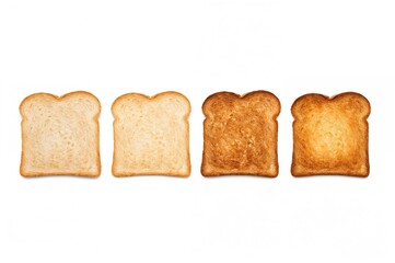 Four slices of bread showing a gradient from raw to charred, lined up in a toaster against a plain backdrop.