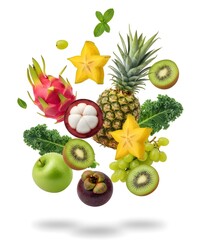 Creative Collage of Exotic Fruits and Vegetables Floating on White Background
