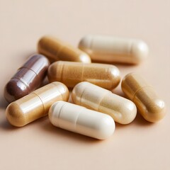 Macro Still Life of Assorted Herbal Supplement Capsules in Warm Earth Tones.