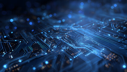 Fototapeta na wymiar High-tech circuit board background, abstract digitaltechnology presentations, lectronic components, digial infrastructure, blue teh theme, modern electronic evolution expansion backgound image