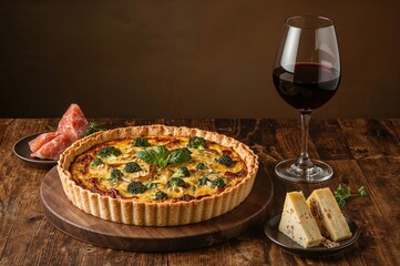 Delicious broccoli quiche paired with a glass of wine on a dining surface
