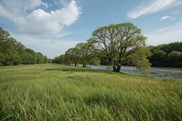 Obraz premium Lush green grassland beside a flowing river with trees under an overcast sky