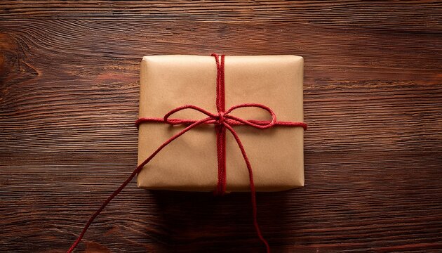 a brown gift box tied with red string on wooden surface