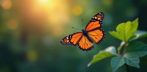 Orange monarch butterfly in flight, abstract swirling background,  lepidoptera,  macro