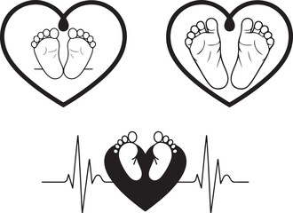 Baby Feet Heart and Heartbeat Line Art Icons love