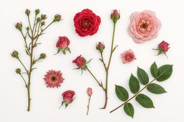 Fototapeta premium Assorted fragile wild rose blooms, buds, and a single leaf arranged on a white backdrop, isolated floral elements for romantic or garden-themed designs, overhead flat lay perspective