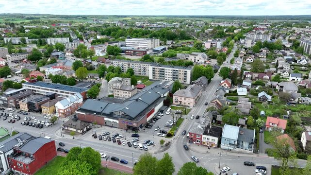 Telsiai City Downtow in Lithuania. Drone. 4k