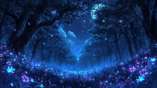 mystical enchanted forest at night