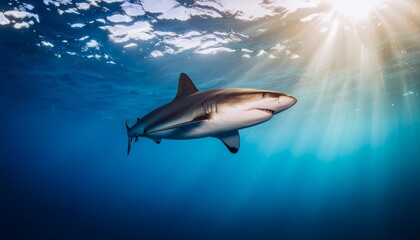 Fototapeta premium Solitary shark patrolling the open ocean depths as sunlight penetrates the water's surface, a concept of marine wildlife